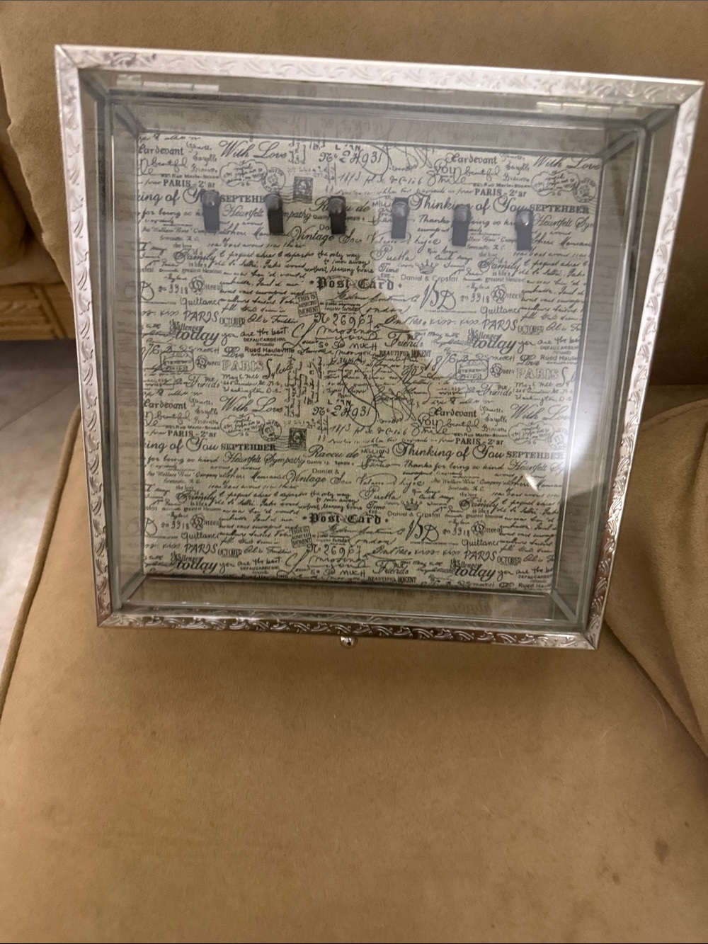 Silver Framed Glass Shadow Box with Script Backing Vintage